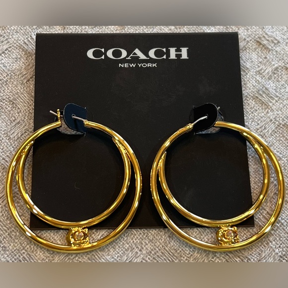 NWT beautiful COACH Gold tone Double Hoop Earrings with glass embellishments - Picture 1 of 8